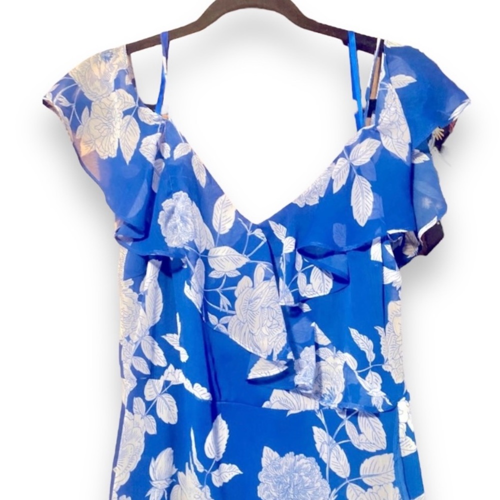 London Fog Strap Off the Shoulder Bright Blue White Flowers Long Dress Ruffle